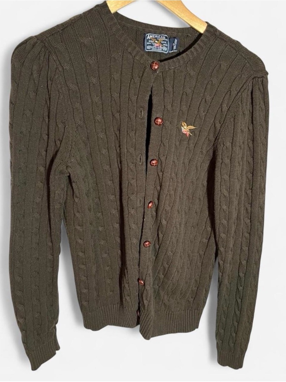 Vintage American Living Cable-Knit Crewneck Cardigan - Dark Brown